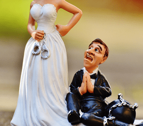 cake topper, man with ball and chain and woman with handcuffs; divorce